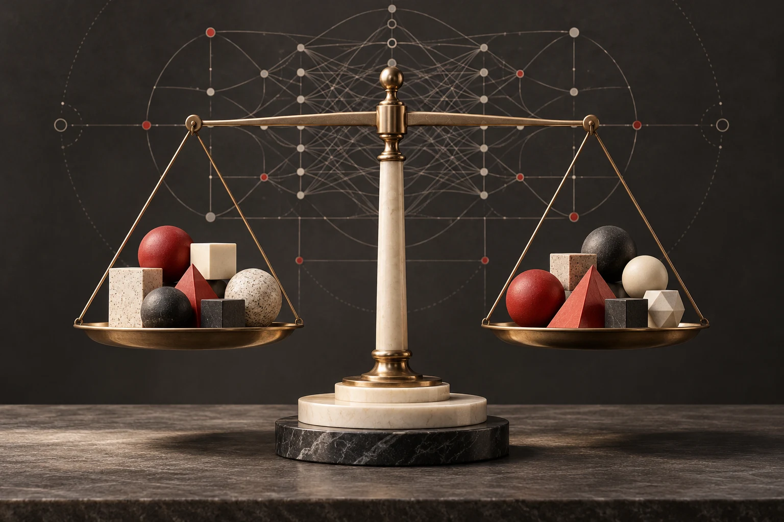 Balanced scales with varied data tokens against a neural network