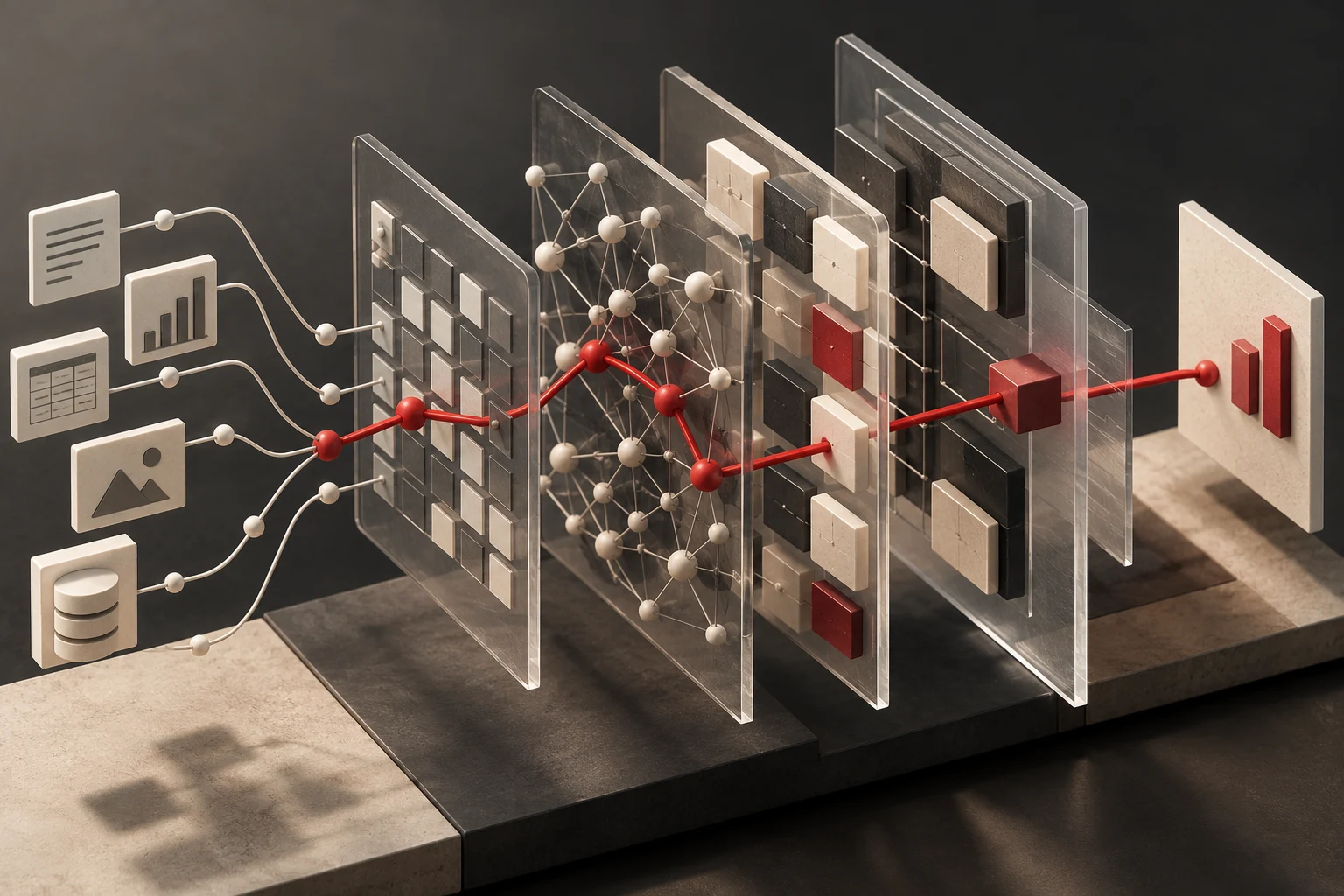 Layered AI architecture with a red decision pathway