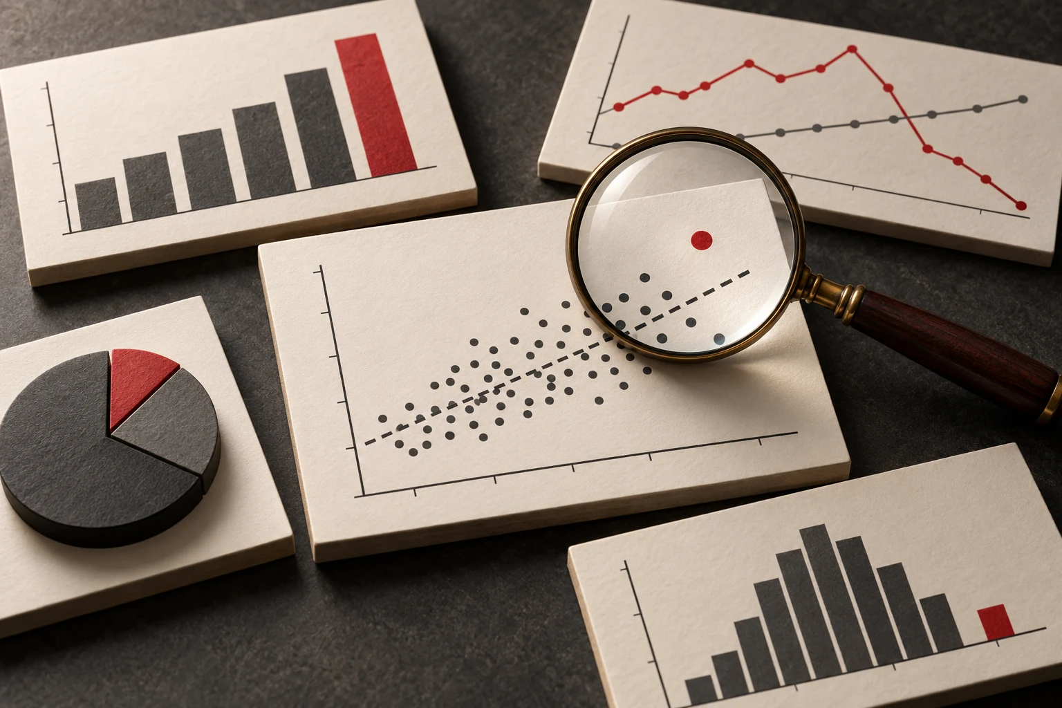 A magnifying glass examining outliers across five charts